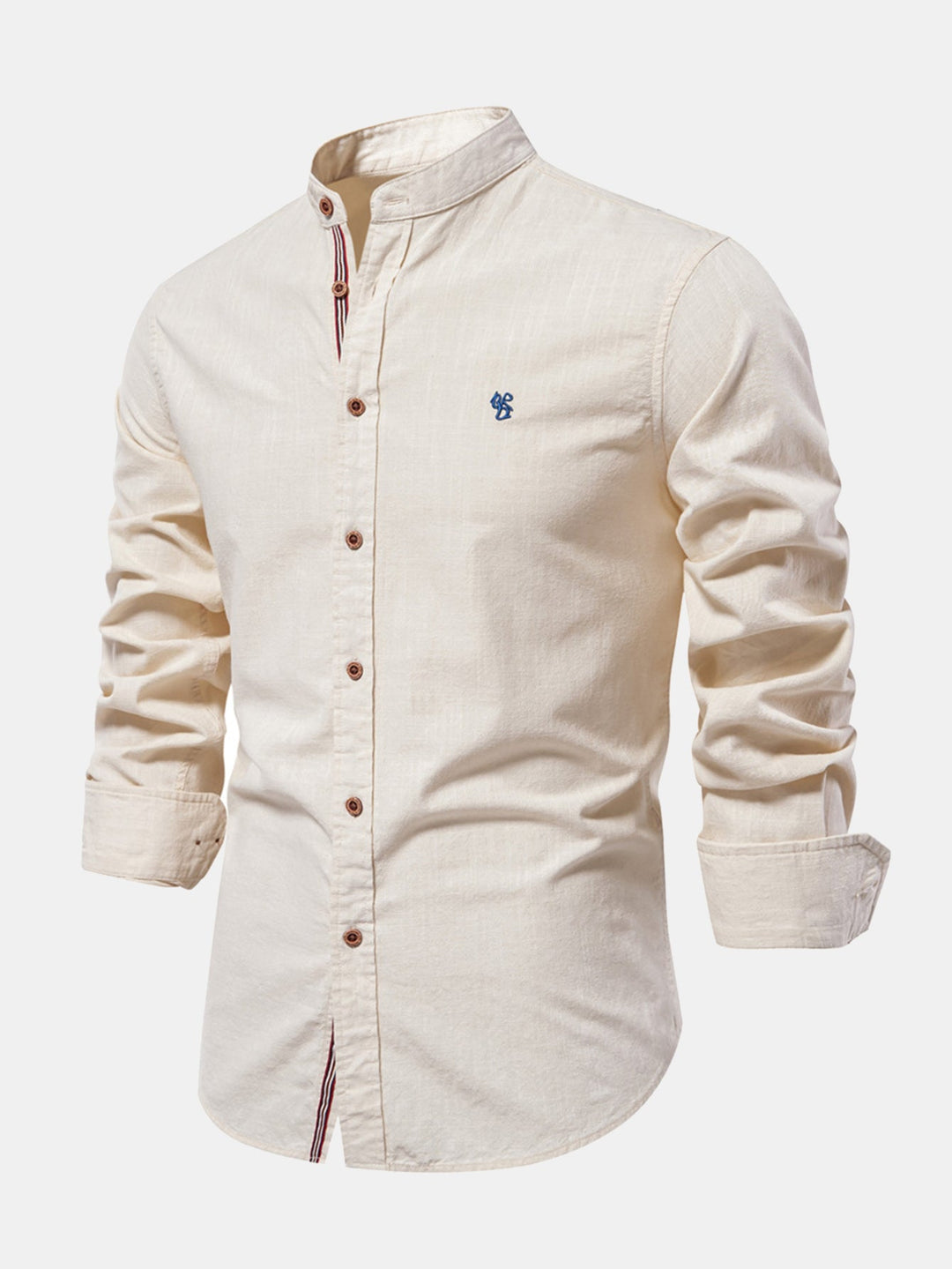High-neck linen effect long-sleeve shirt