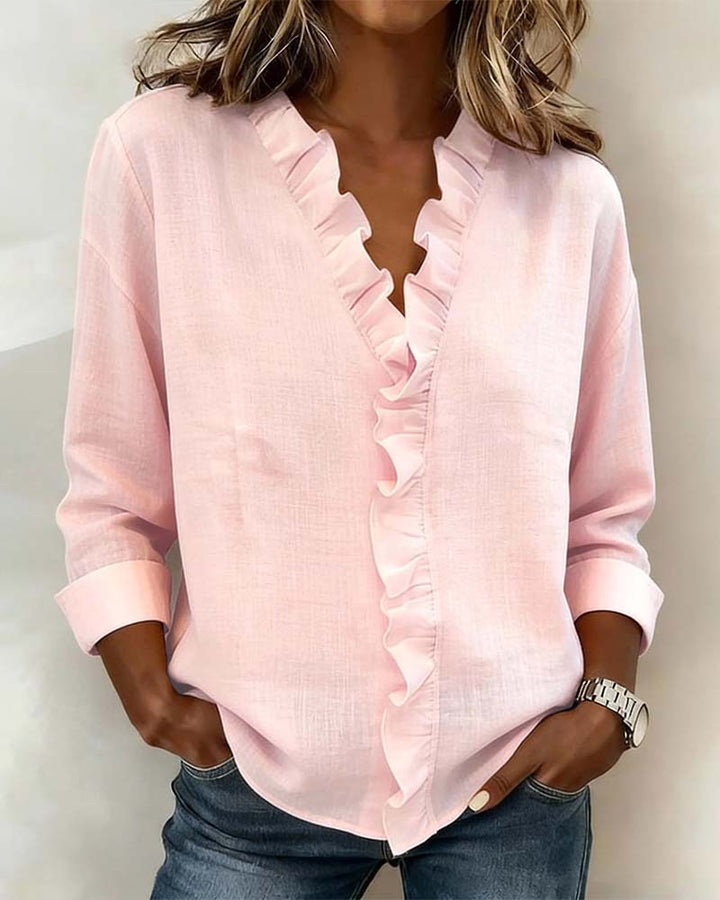 Blouse Froncée Col En V Manches Longues