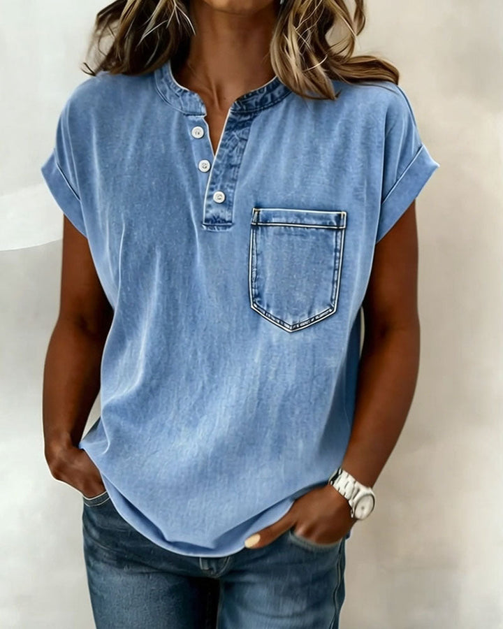 Haut Lavé Denim Henley Manche Courte