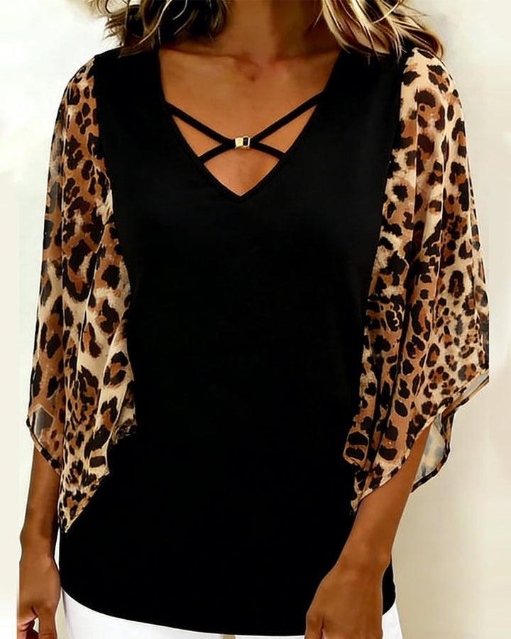 Blouse Manche Chauve-Souris Imprimé Léopard Patchwork