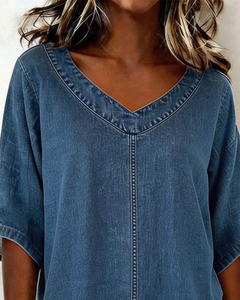 Haut Col V Décontracté Denim