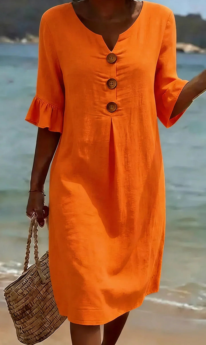 Margaux | Robe en lin texturé avec manches ballon et boutons