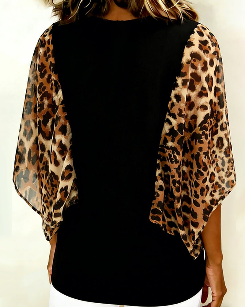 Blouse Manche Chauve-Souris Imprimé Léopard Patchwork