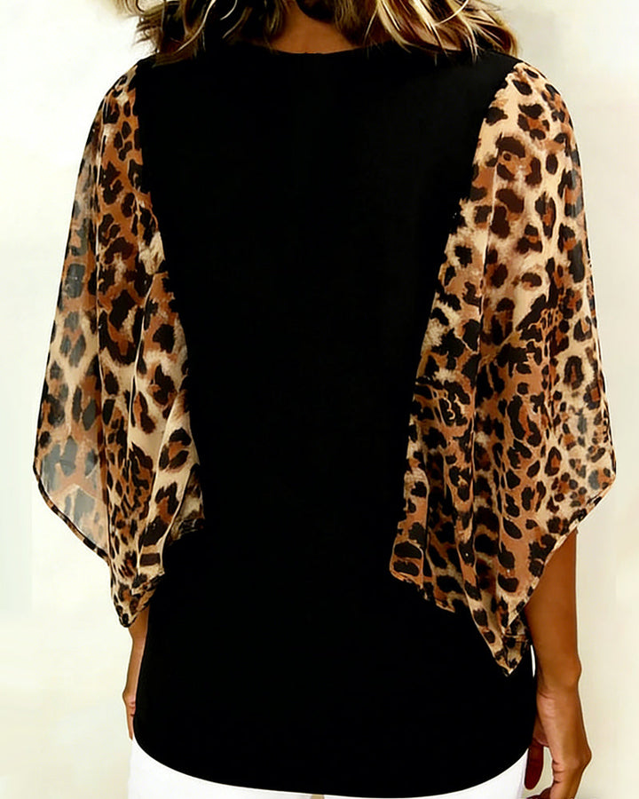 Blouse Manche Chauve-Souris Imprimé Léopard Patchwork
