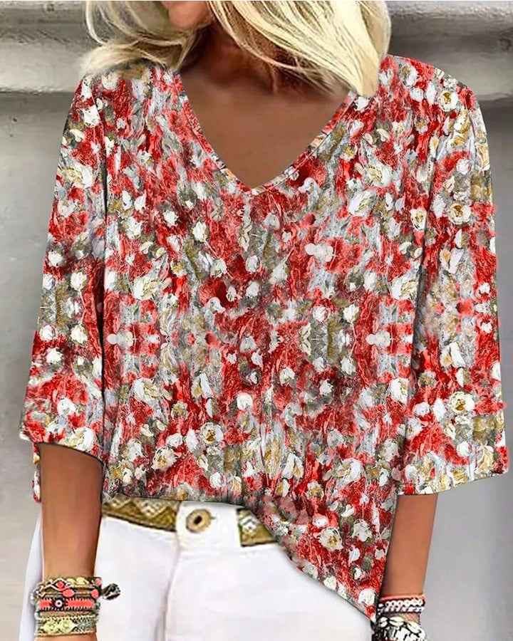 Blouse Imprimé Fleuri Col V Manche Trois-Quarts