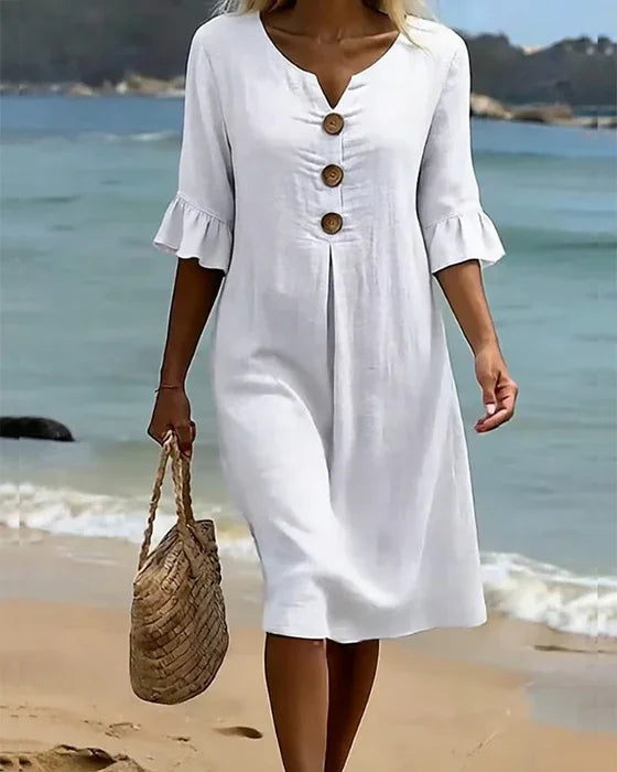 Margaux | Robe en lin texturé avec manches ballon et boutons