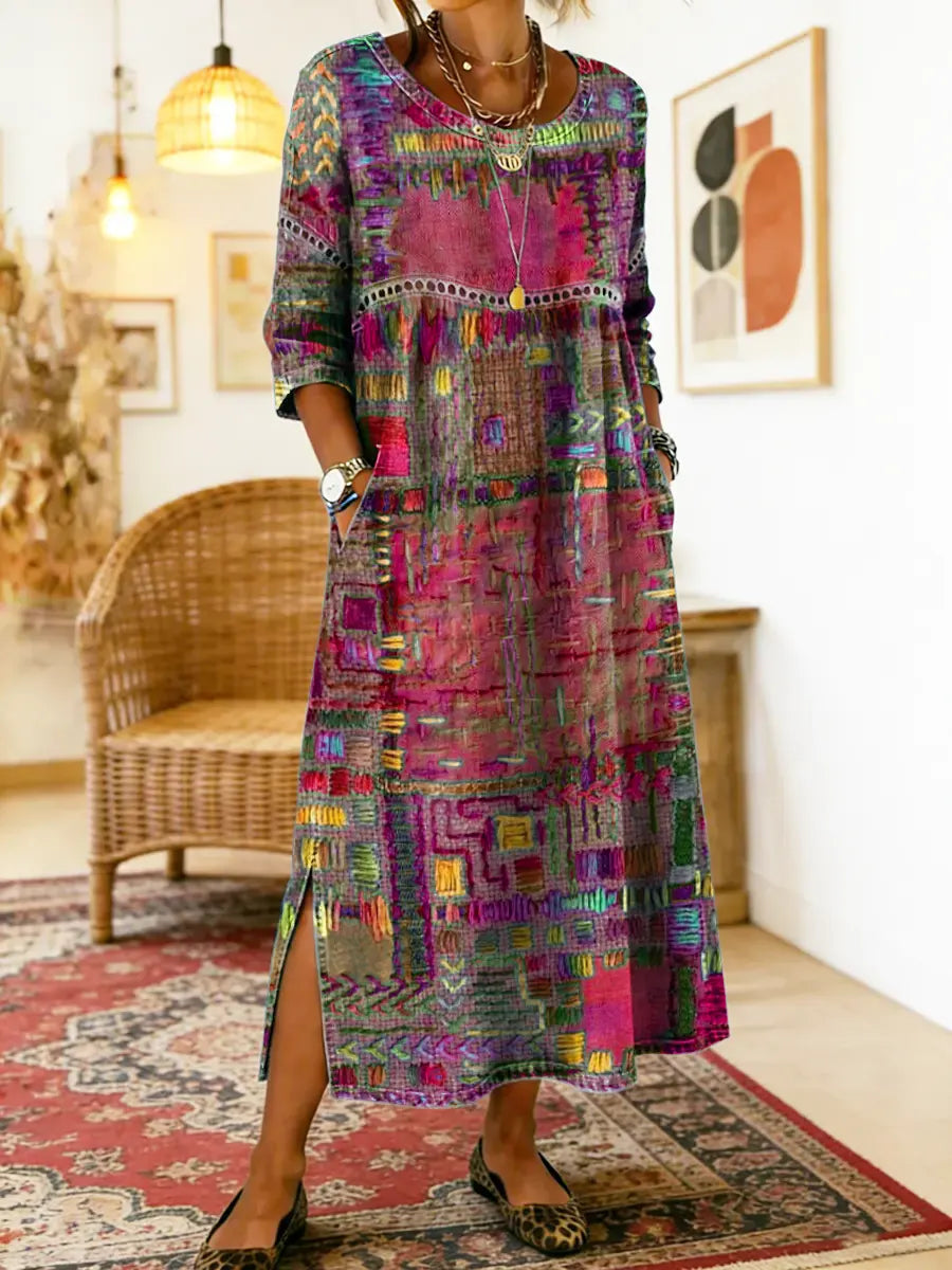 Isabelle | Robe en Denim avec Patchwork Ethnique