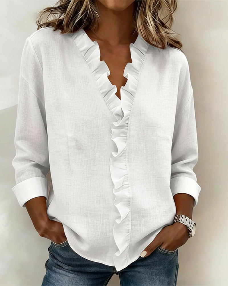 Blouse Froncée Col En V Manches Longues