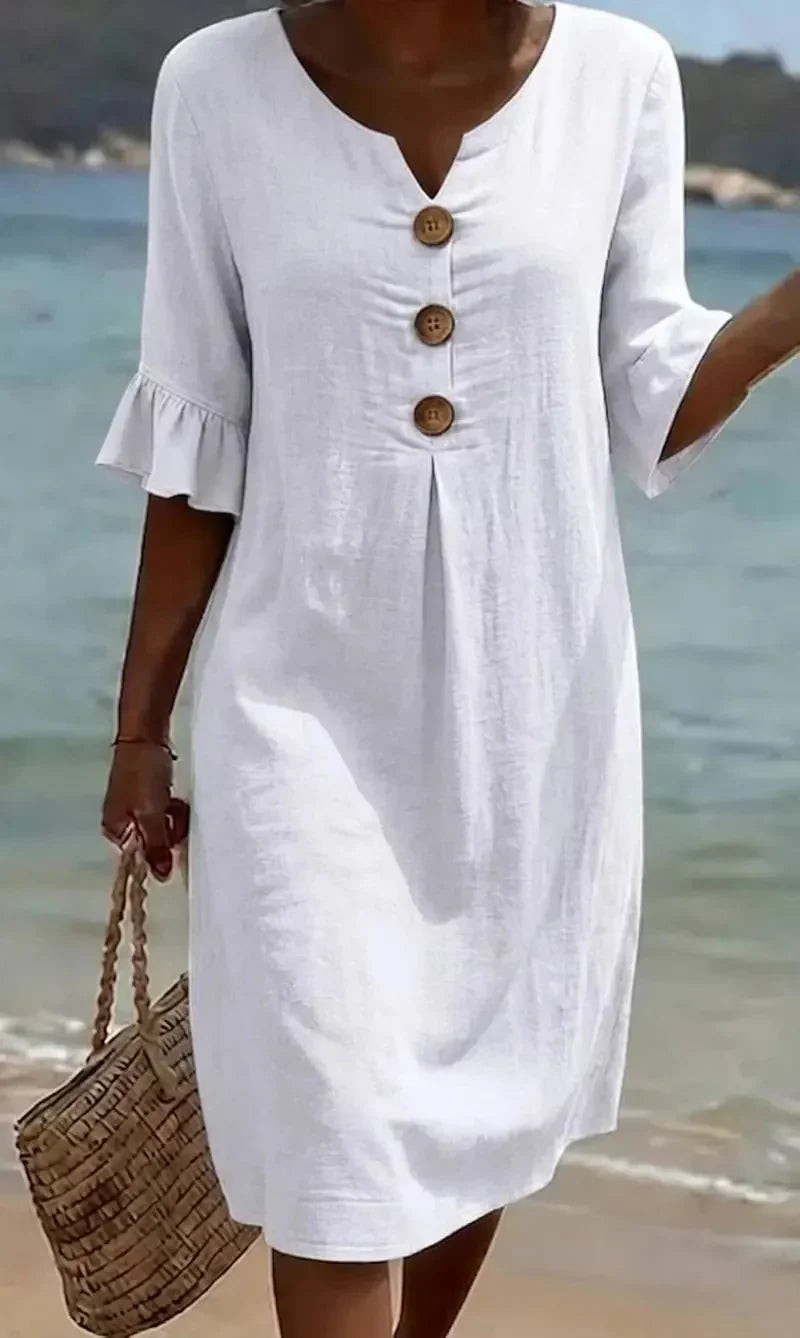 Margaux | Robe en lin texturé avec manches ballon et boutons