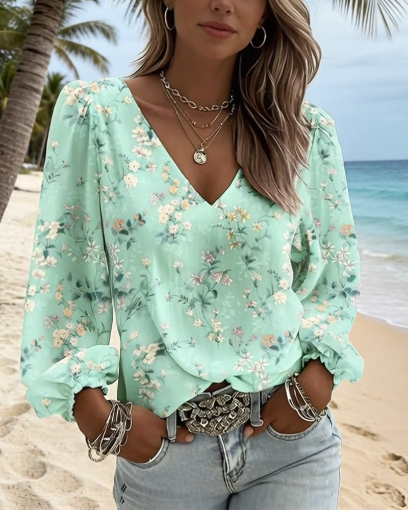 Blouse Fleurie Col V Manches Bouffantes
