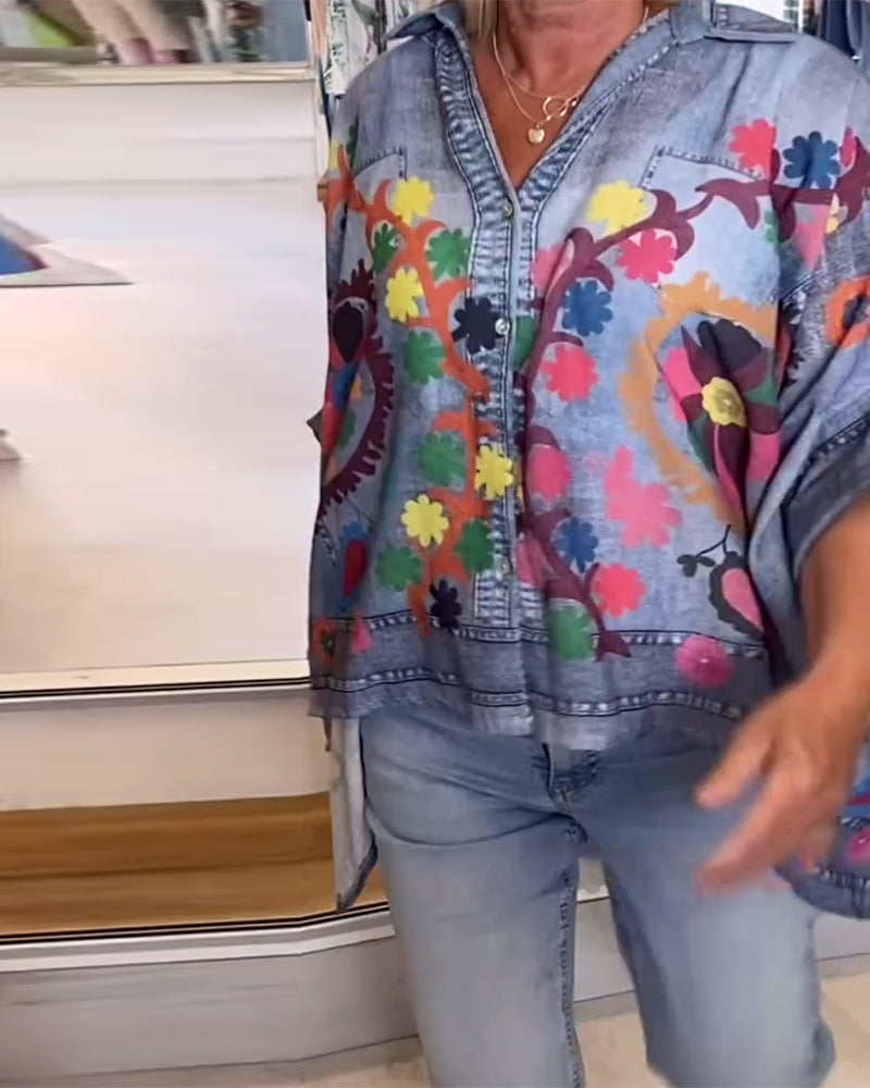 Blouse Imprimé Irrégulier Faux Denim