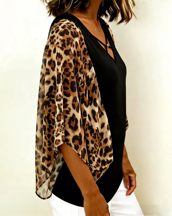 Blouse Manche Chauve-Souris Imprimé Léopard Patchwork
