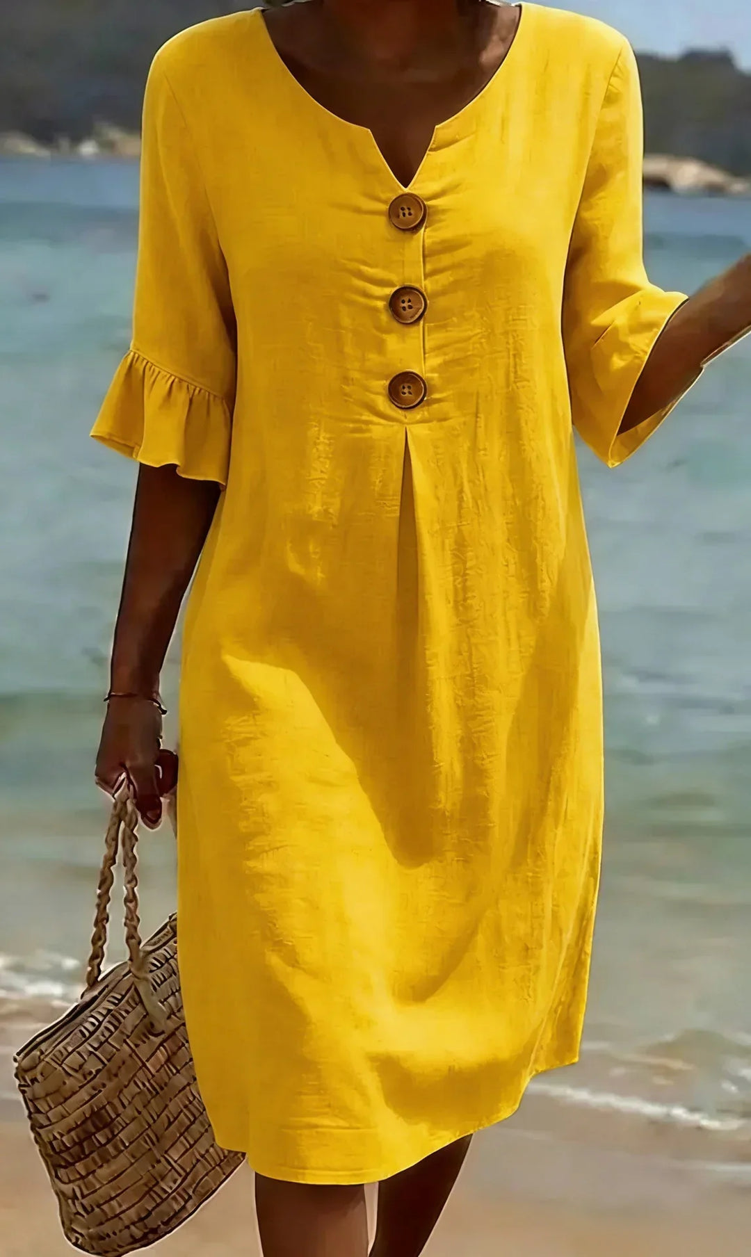 Margaux | Robe en lin texturé avec manches ballon et boutons