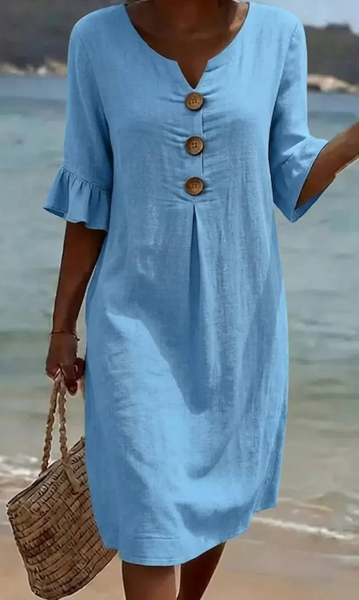 Margaux | Robe en lin texturé avec manches ballon et boutons