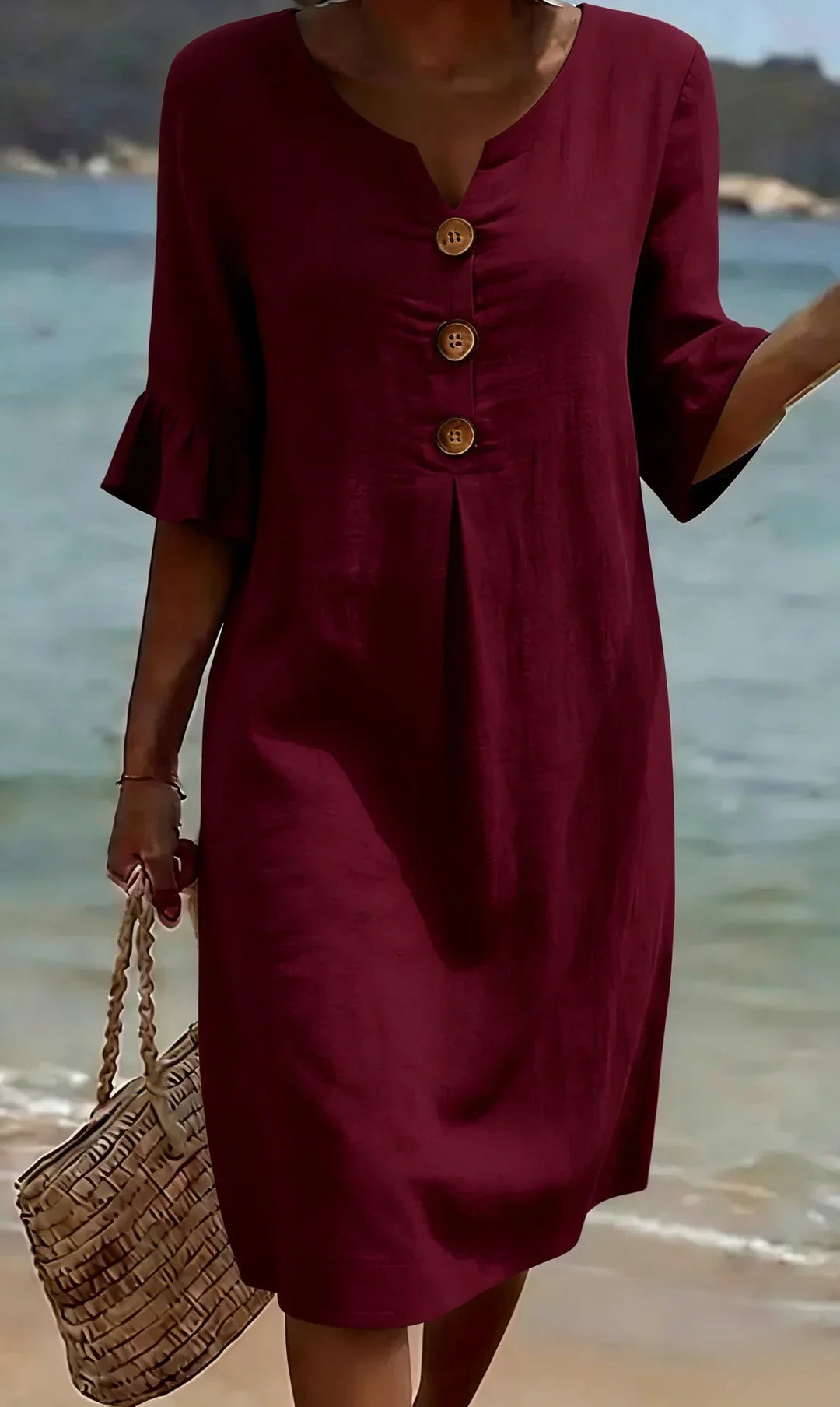 Margaux | Robe en lin texturé avec manches ballon et boutons