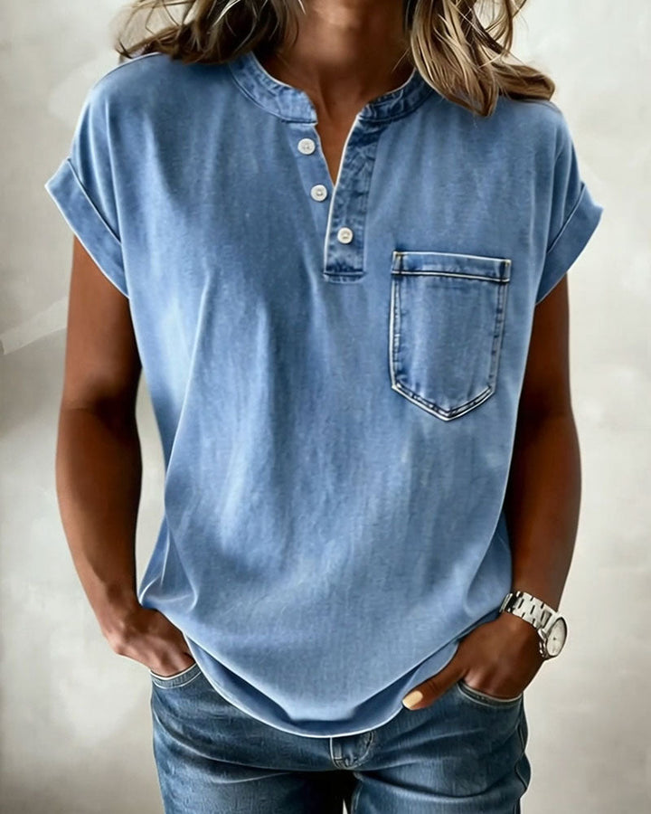 Haut Lavé Denim Henley Manche Courte