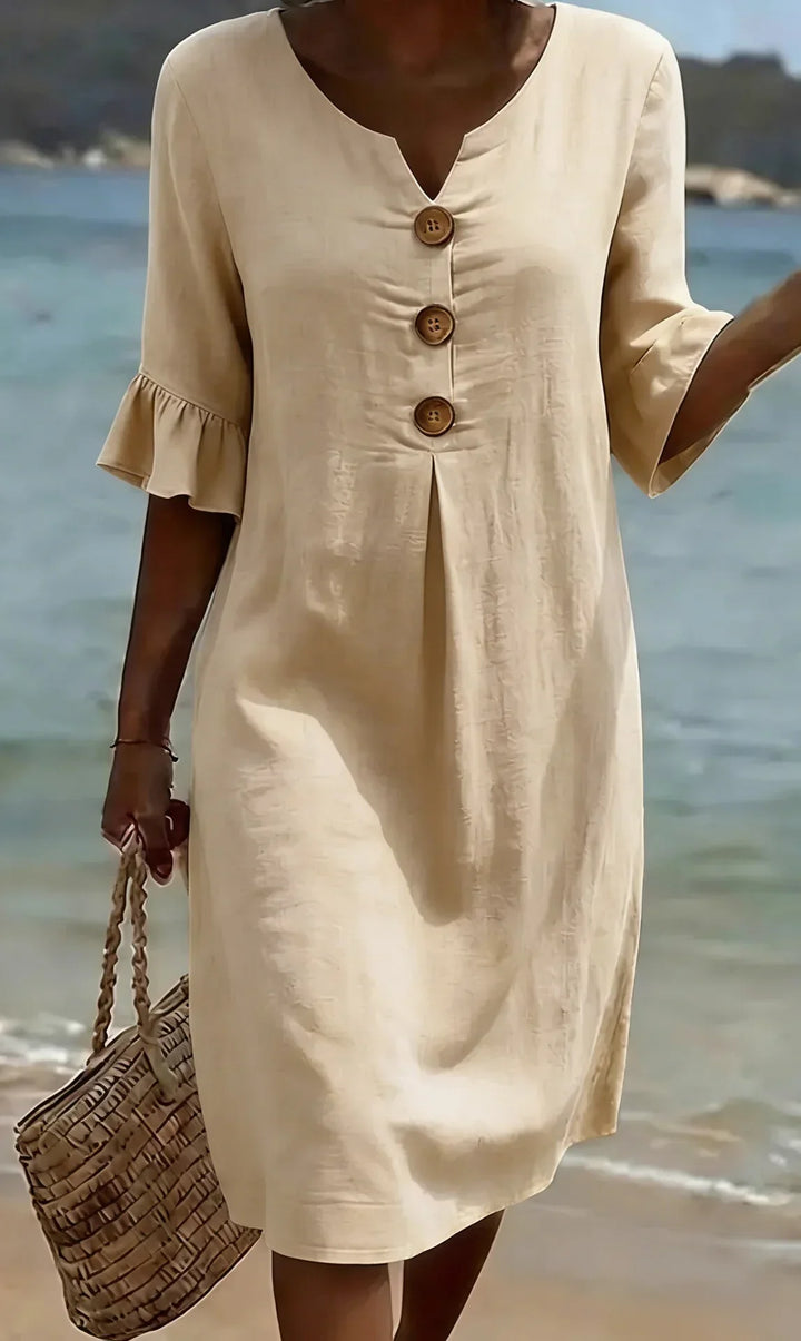 Margaux | Robe en lin texturé avec manches ballon et boutons