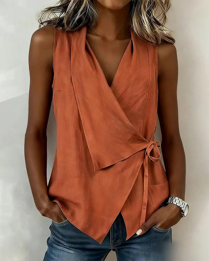 Débardeur Croisé Attache Coton-Lin Uni