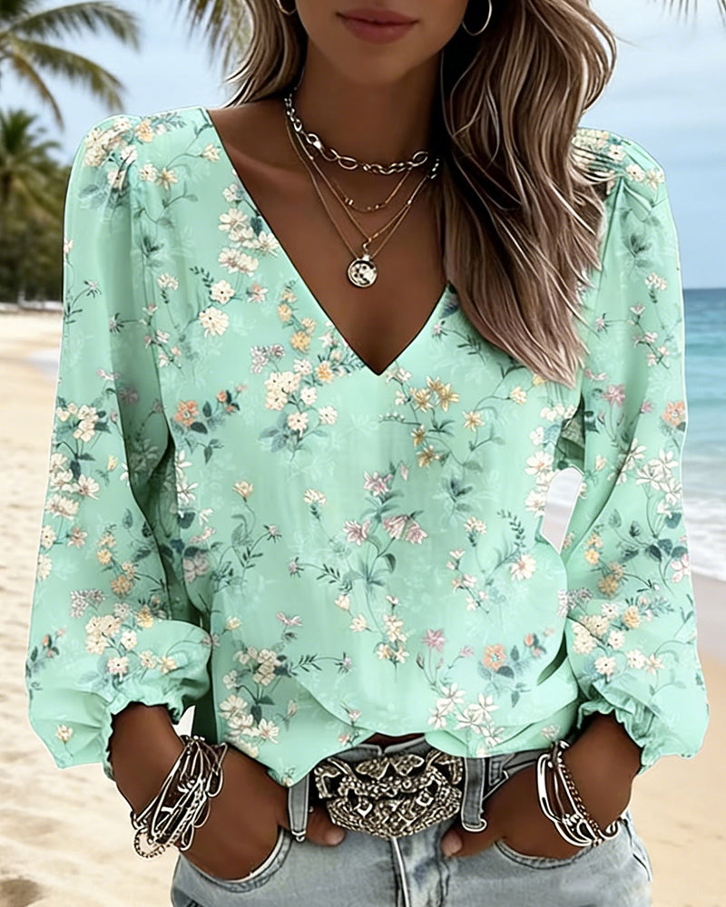 Blouse Fleurie Col V Manches Bouffantes