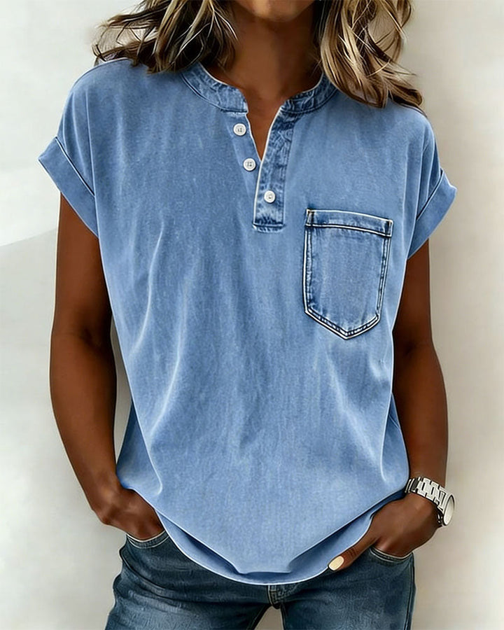 Haut Lavé Denim Henley Manche Courte