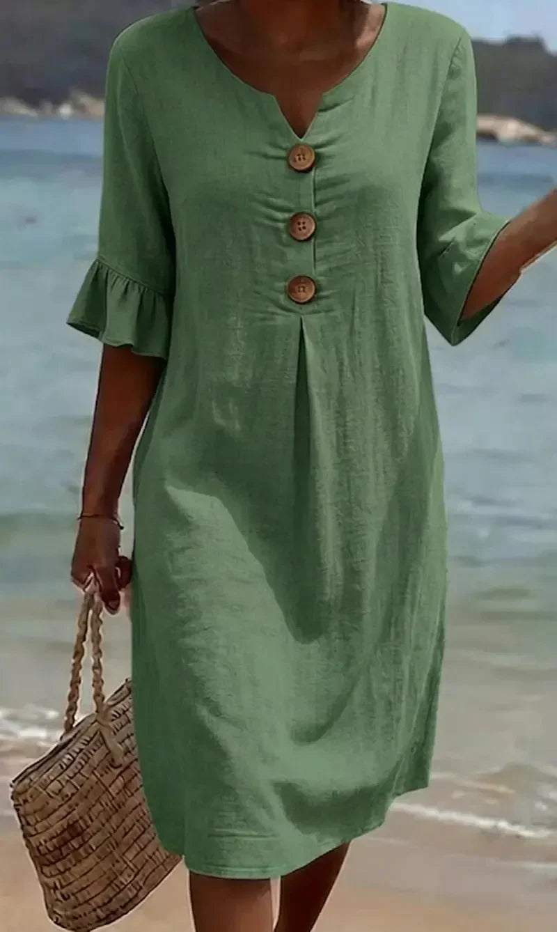 Margaux | Robe en lin texturé avec manches ballon et boutons