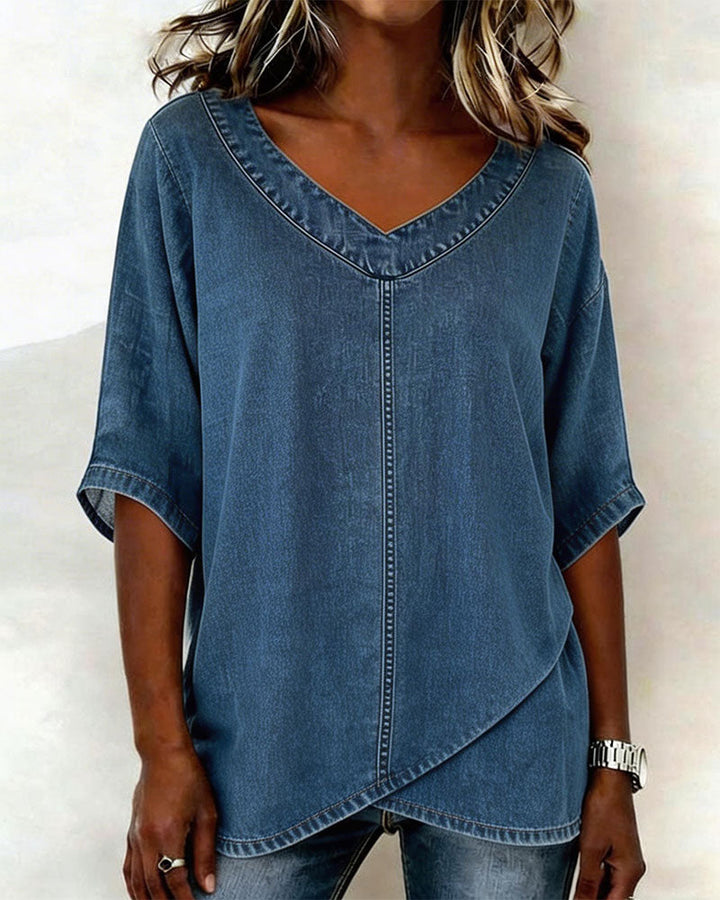 Haut Col V Décontracté Denim