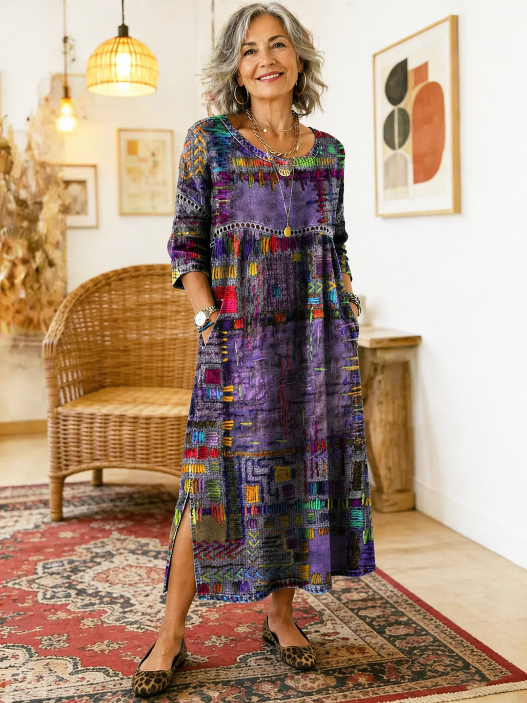 Isabelle | Robe en Denim avec Patchwork Ethnique