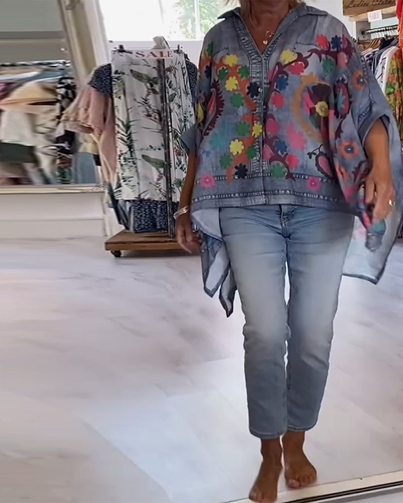 Blouse Imprimé Irrégulier Faux Denim