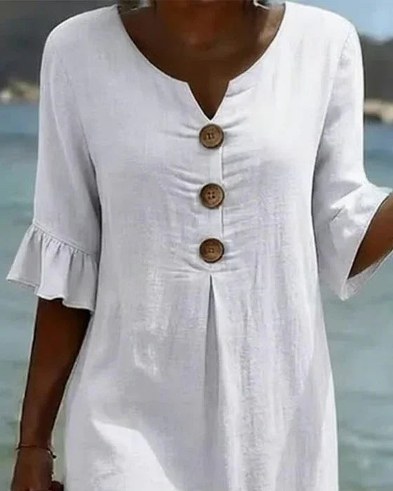 Margaux | Robe en lin texturé avec manches ballon et boutons