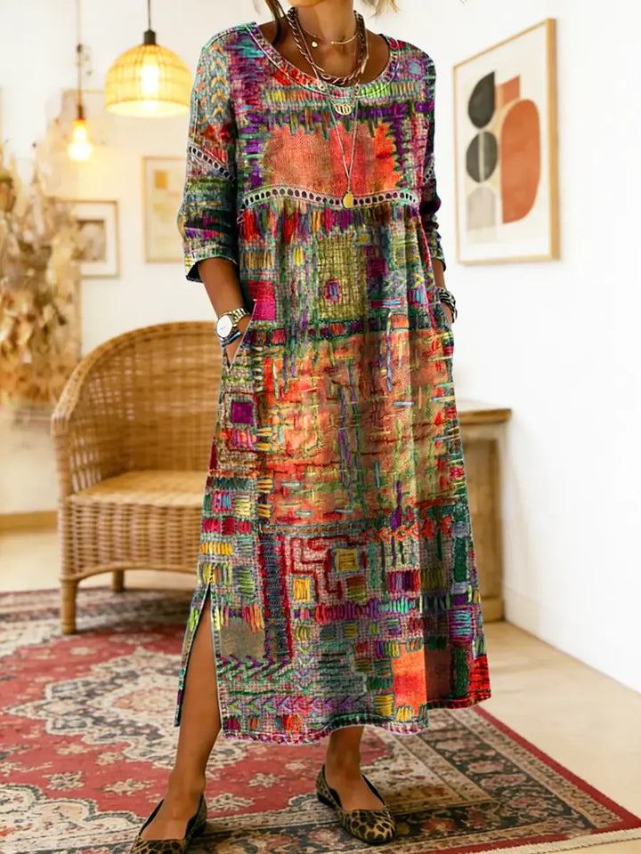 Isabelle | Robe en Denim avec Patchwork Ethnique