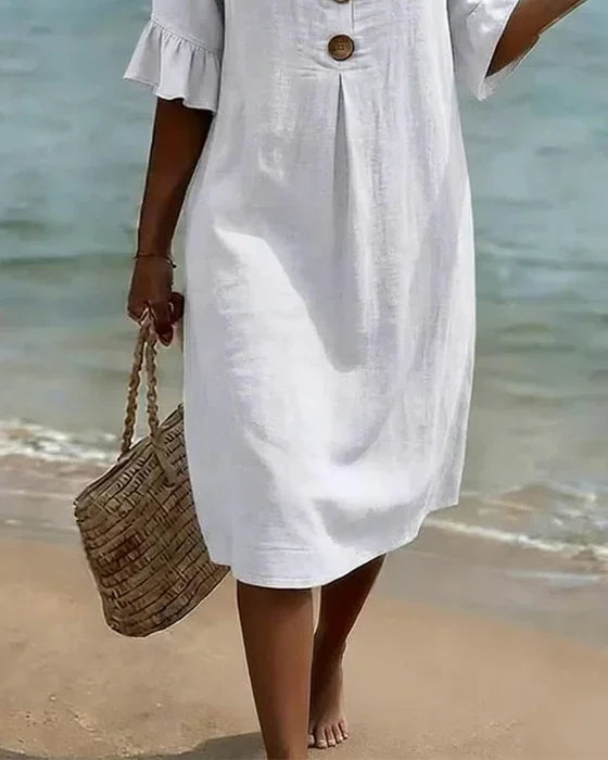 Margaux | Robe en lin texturé avec manches ballon et boutons