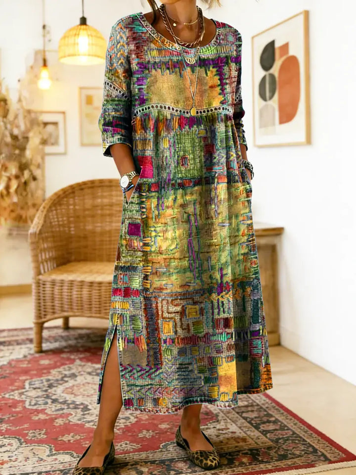 Isabelle | Robe en Denim avec Patchwork Ethnique