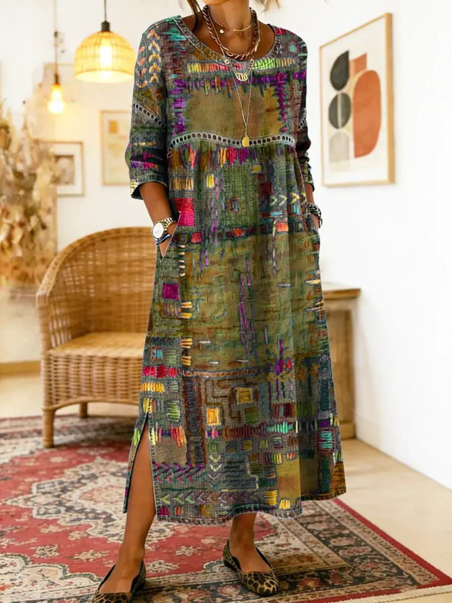 Isabelle | Robe en Denim avec Patchwork Ethnique