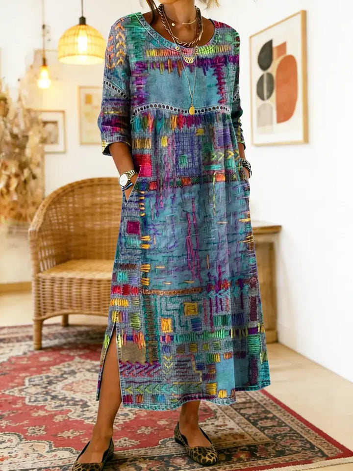 Isabelle | Robe en Denim avec Patchwork Ethnique
