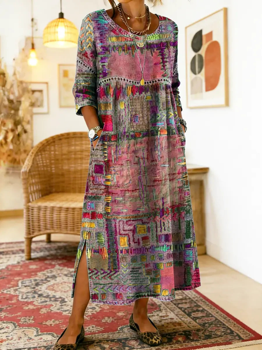 Isabelle | Robe en Denim avec Patchwork Ethnique