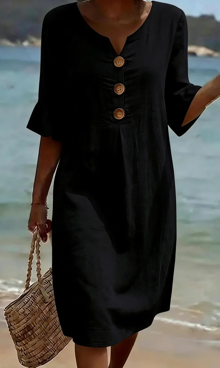 Margaux | Robe en lin texturé avec manches ballon et boutons
