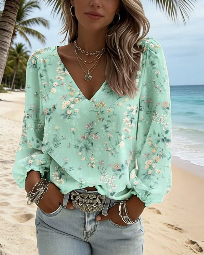 Blouse Fleurie Col V Manches Bouffantes