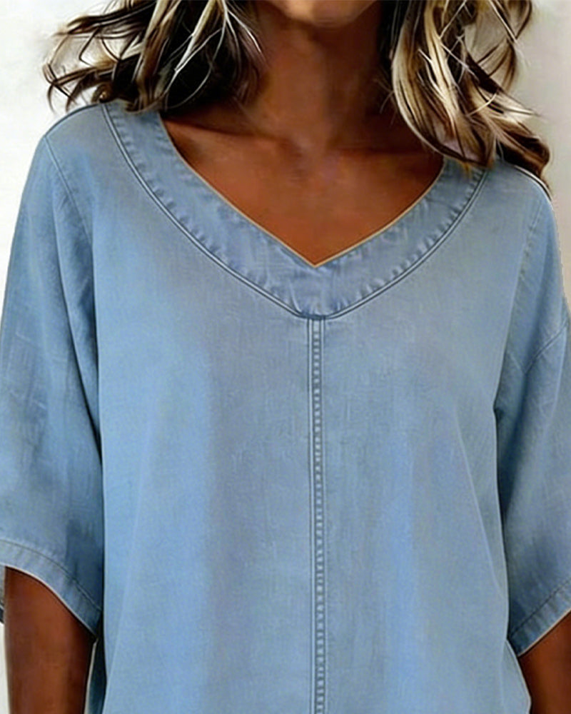 Haut Col V Décontracté Denim