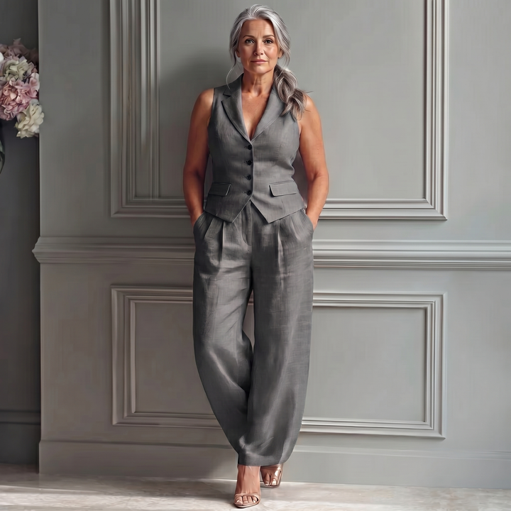 Ensemble femme deux pièces avec décolleté en V et boutons