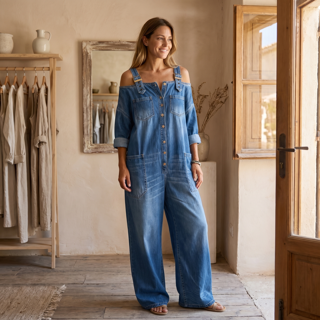 Sophia | Combinaison en jean à épaules dénudées