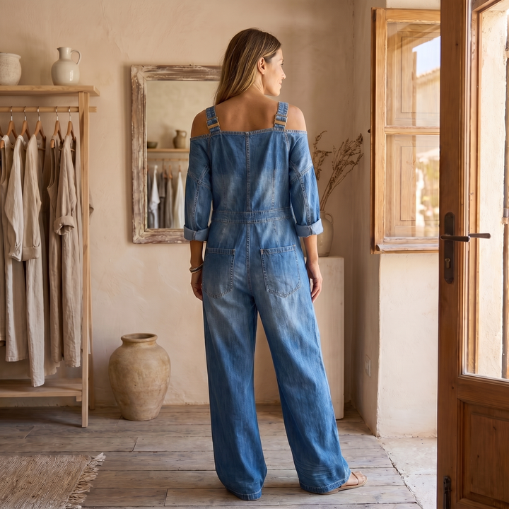 Sophia | Combinaison en jean à épaules dénudées