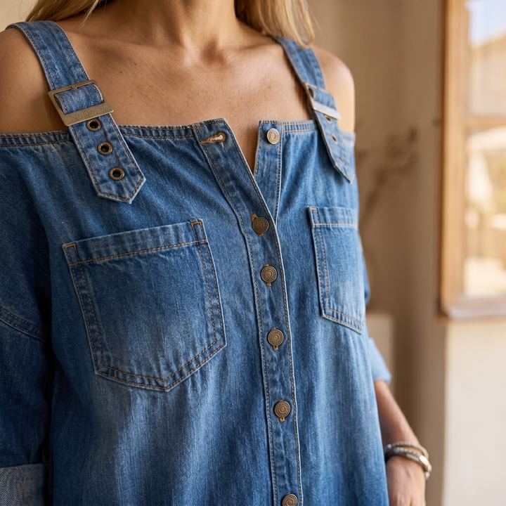 Sophia | Combinaison en jean à épaules dénudées