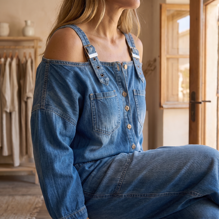 Sophia | Combinaison en jean à épaules dénudées