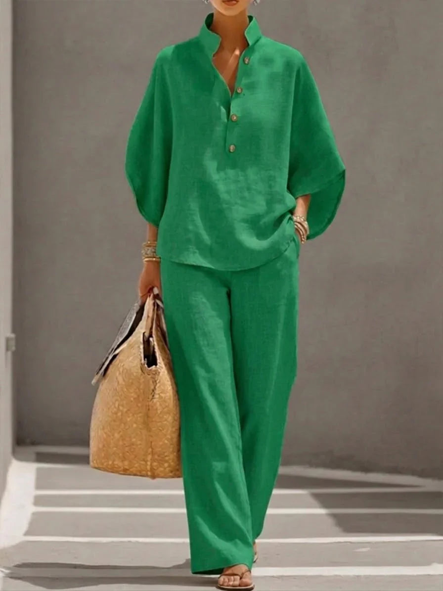 Maribel | Ensemble en lin avec manches chauve-souris et pantalon large